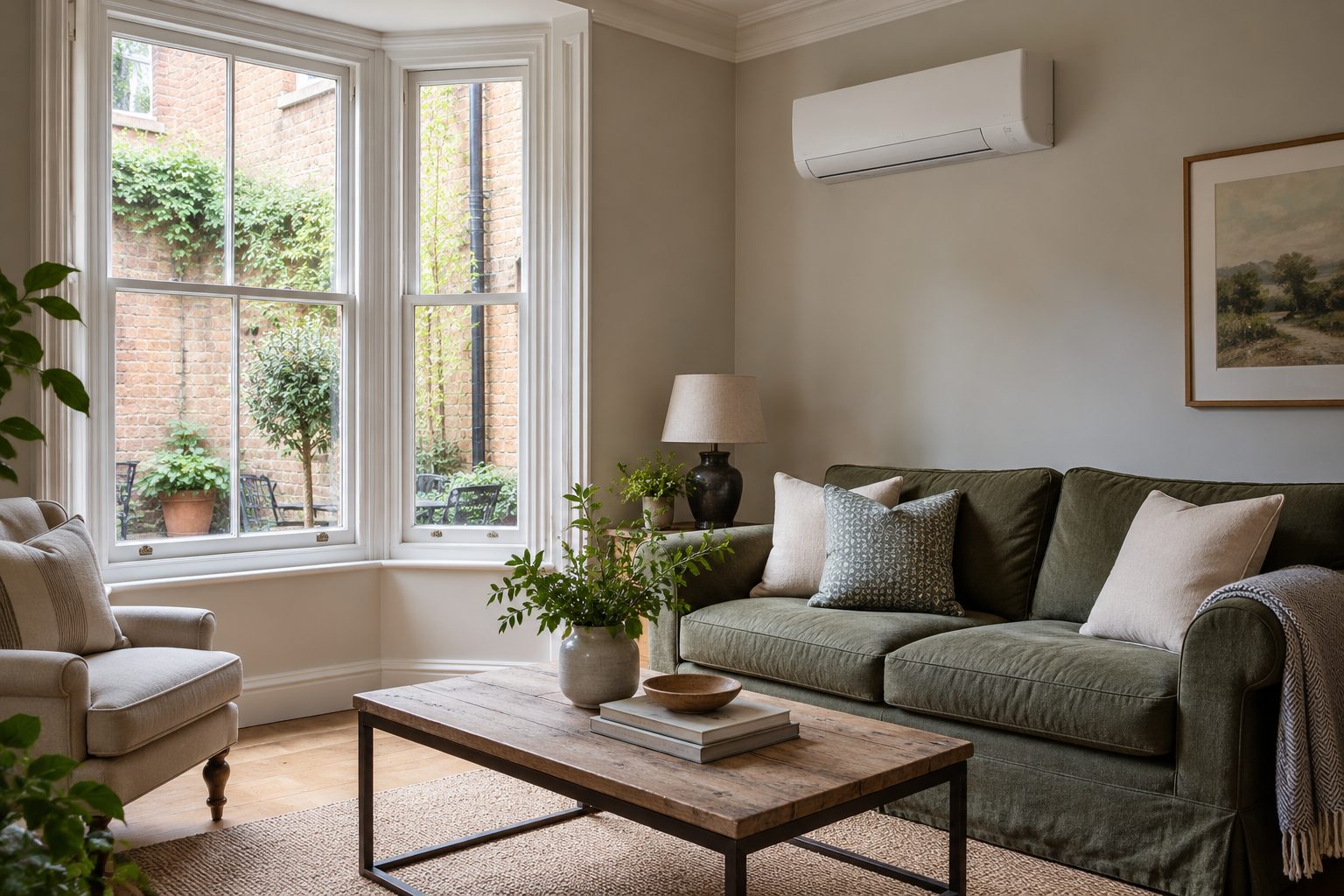 Wall-mounted air-to-air heat pump in a British living room