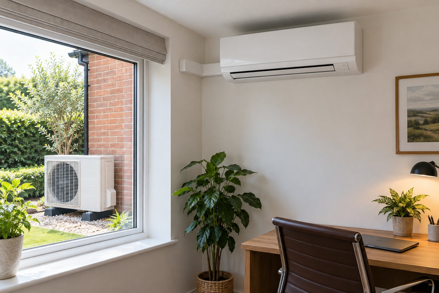 Wall-mounted split heat pump with neat pipe trunking in a home office