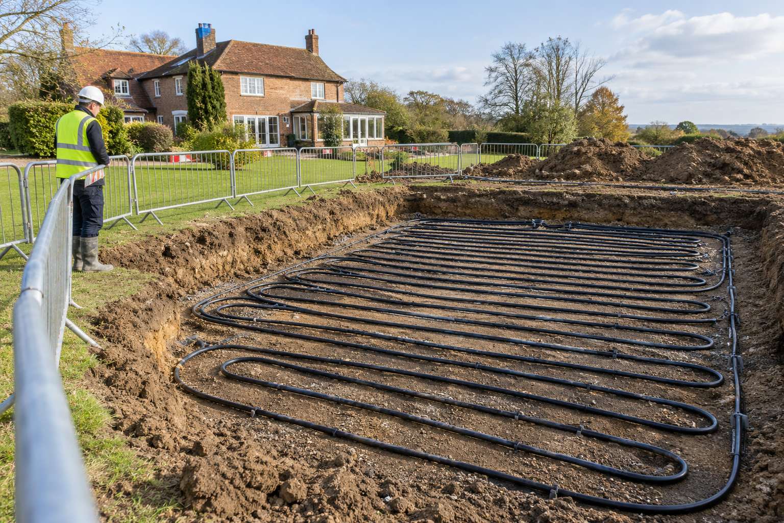 Ground collector pipe loops in a fenced excavation beside a rural house