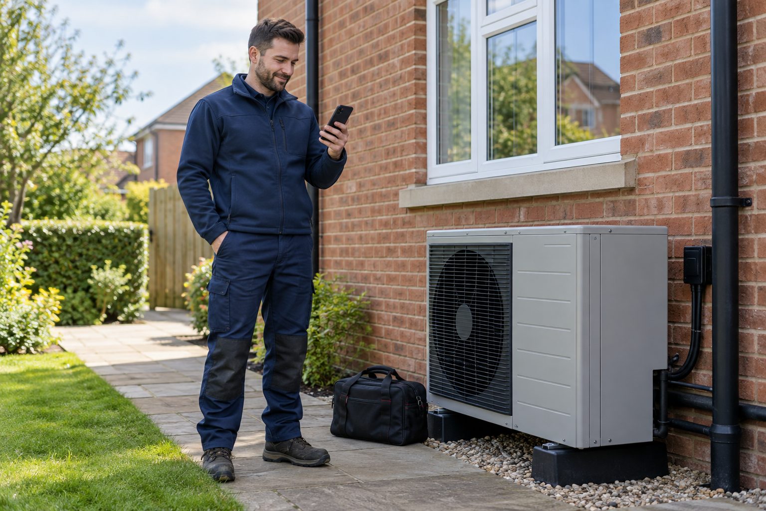 Heat pump engineer checking a mobile phone beside an outdoor unit