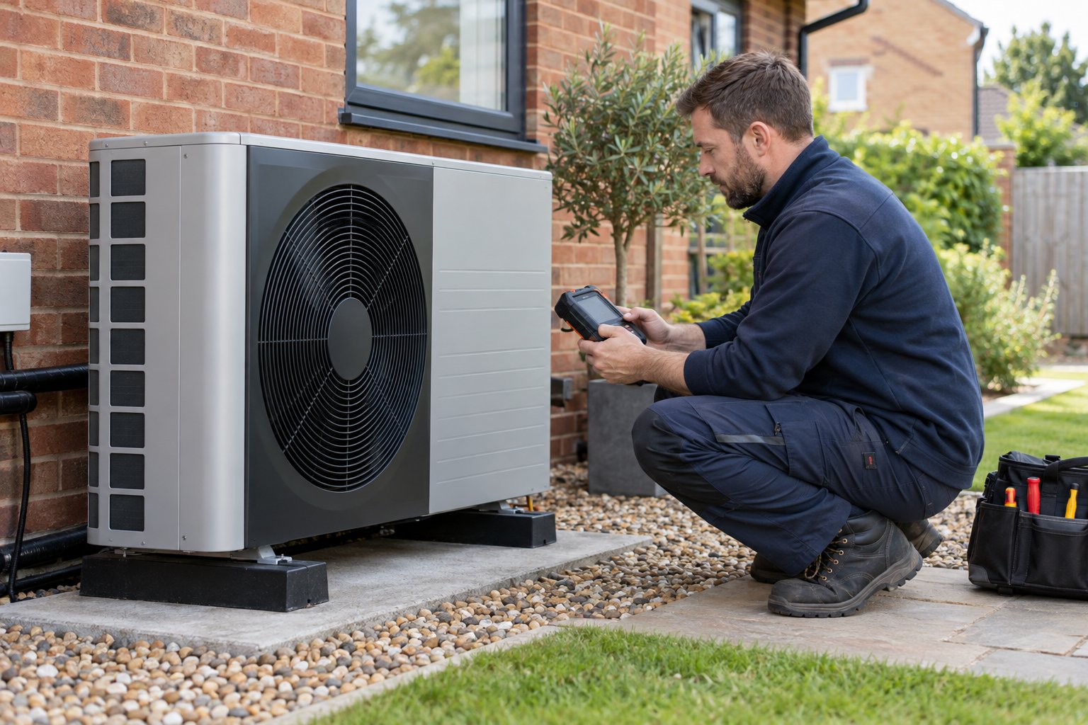 Engineer checking a handheld diagnostic controller beside a closed outdoor heat pump
