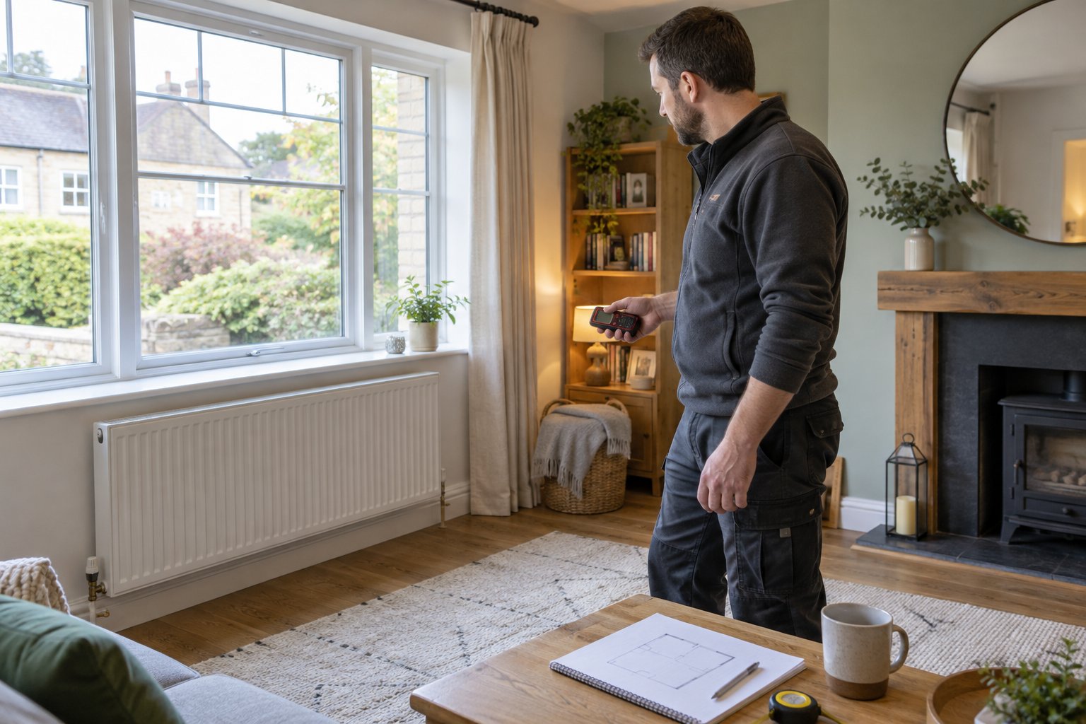 Heating designer measuring a living room with a handheld distance meter