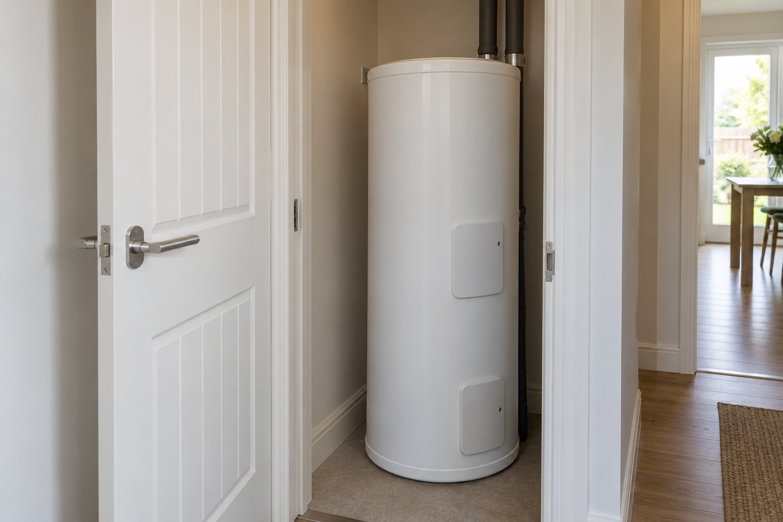 Insulated hot water cylinder fitted in a utility cupboard with pipes rising behind it