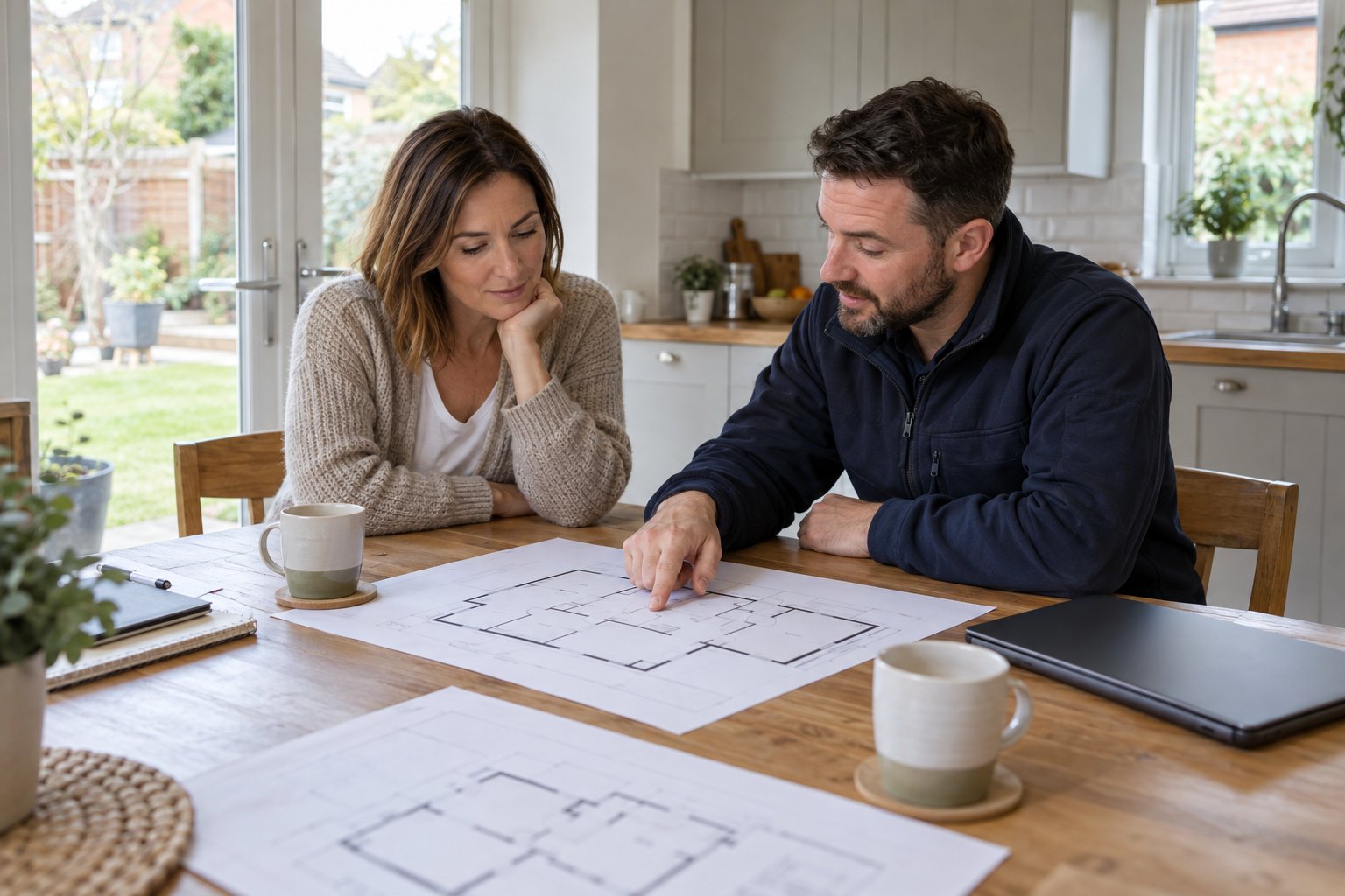 Homeowner and heating surveyor looking over a floor plan at a kitchen table