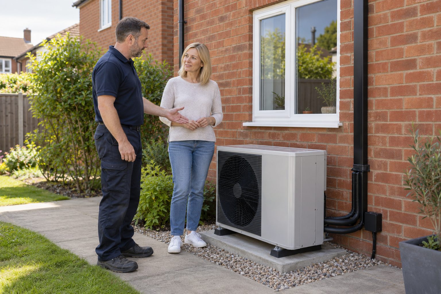 Surveyor discussing an outdoor heat pump with a homeowner beside a brick house