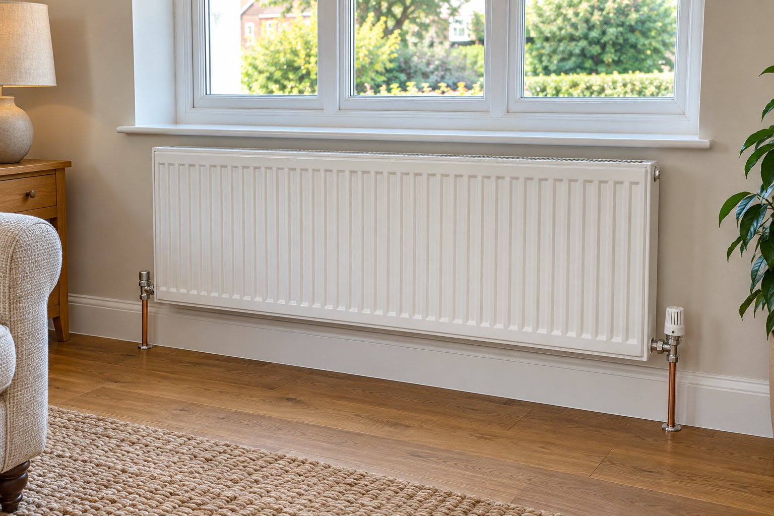 Large white panel radiator with valves and copper pipe tails beneath a window